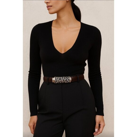 Vintage 80s Vicenza Woman’s 44 Belt Brawn Italian Genuine Calfskin Buckle Skinny - Picture 2 of 10